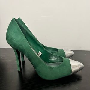 Hunter green suede pointed silver toe high heel pumps
